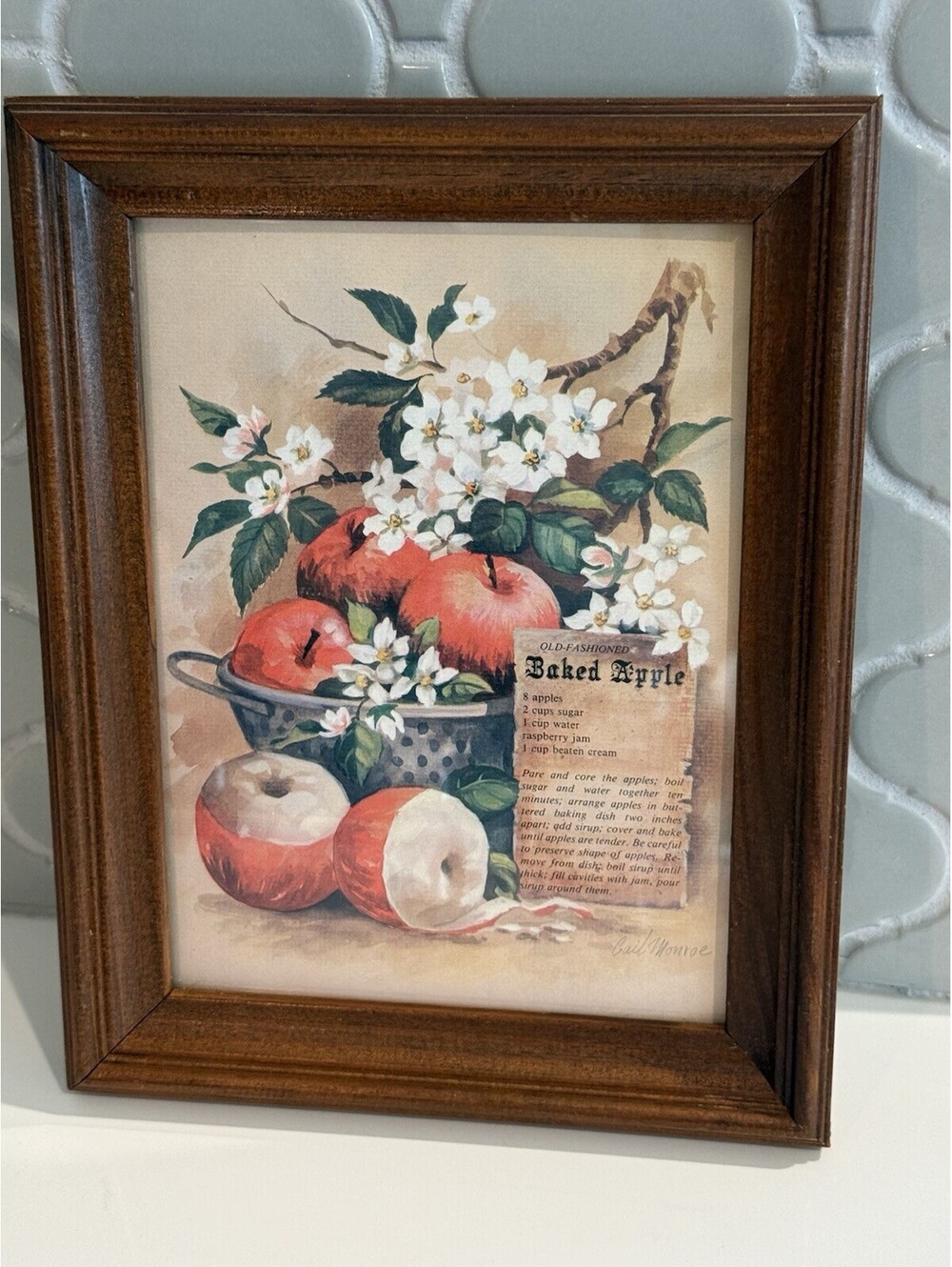 VTG Gail Monroe "Old-Fashioned Baked Apple" Framed Recipe Art Print Decor